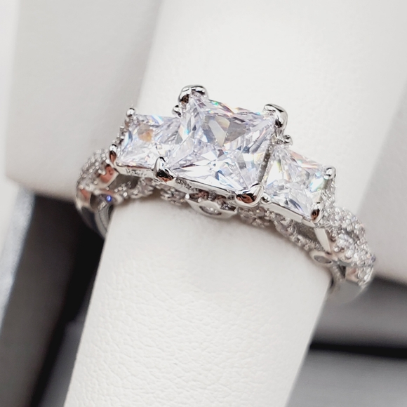 Three Stone Princess Cut Diamond Silver Tone Ring - Picture 4 of 6